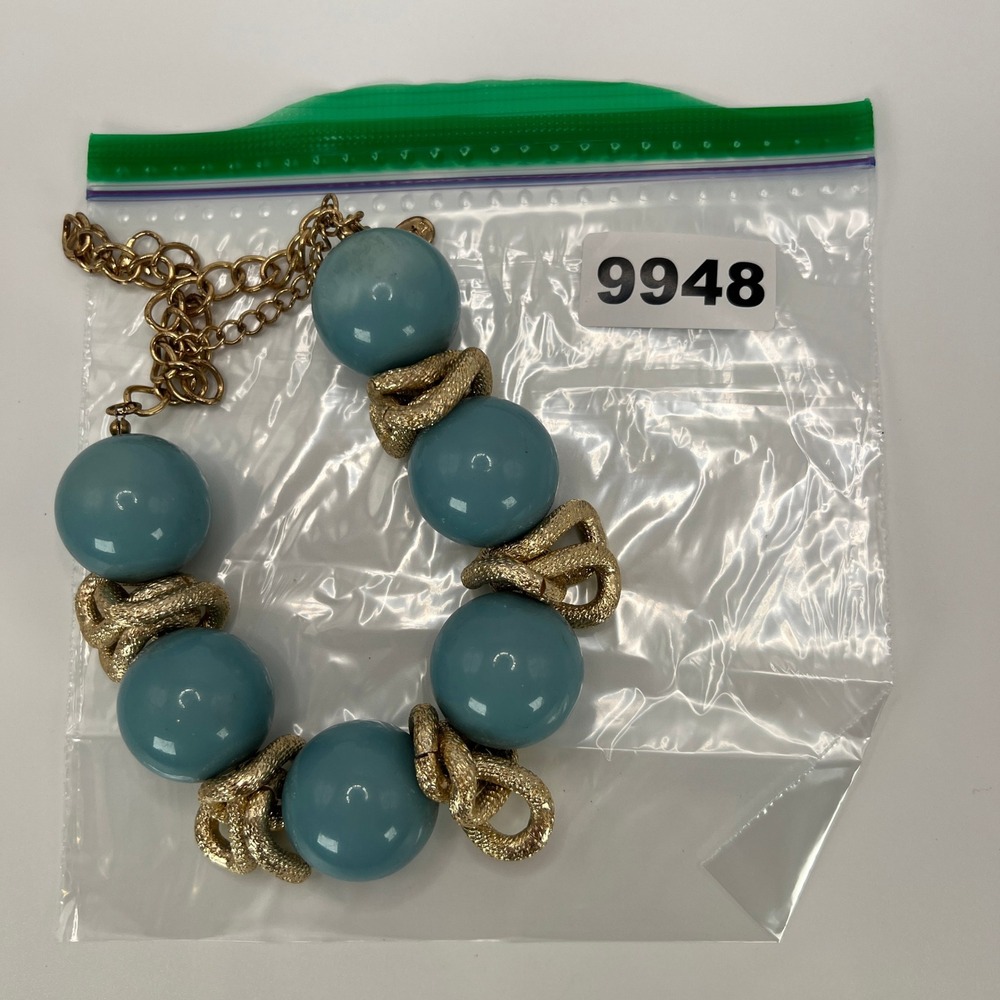 Lucia Statement Necklace Blue Gold Chunky Oversized Bead Knot Textured - Picture 9 of 9